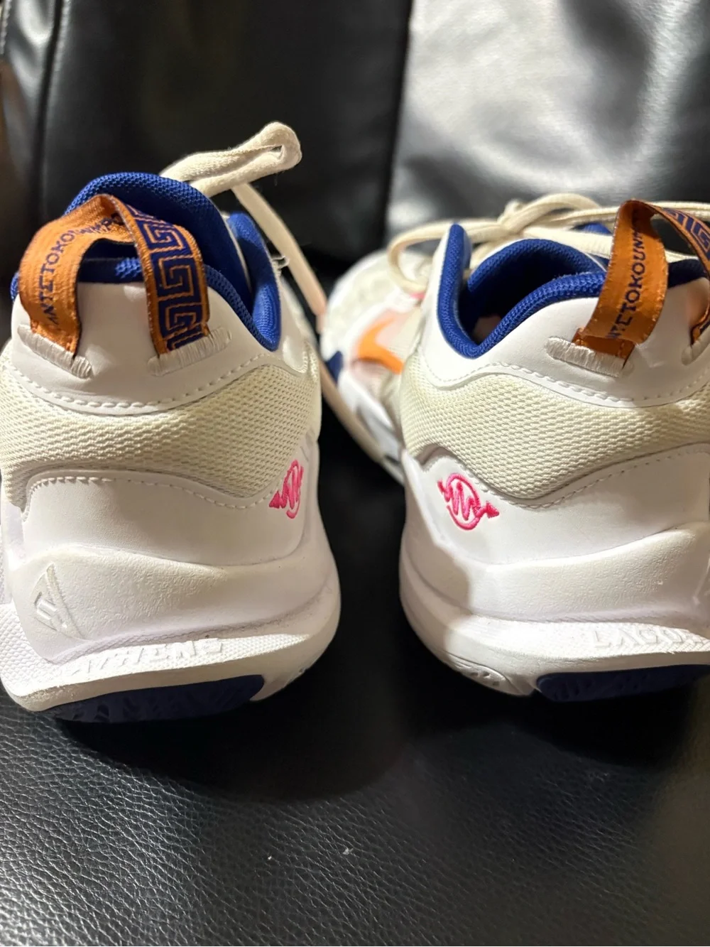 Nike LOGO 5 White Sneakers with Orange Swoosh and Blue Trim for women’s size 7Y